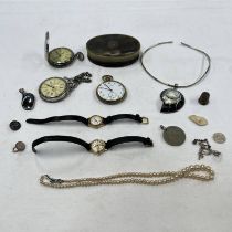 OVAL HORN SNUFF BOX, 2 DALVEY WATCHES, SILVER THIMBLE ETC.