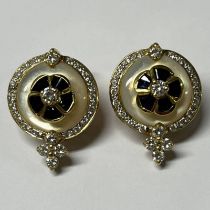 PAIR OF 18CT GOLD SAPPHIRE, DIAMOND & MOTHER OF PEARL EARRINGS WITH CLIP & POST FITTINGS - 2CM LONG,