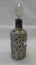 GLASS SCENT BOTTLE WITH PIERCED SILVER HOLDER, CHESTER 1899 - 12CM TALL EXCLUDING.