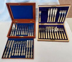 MAHOGANY CASED SET OF 24 19TH CENTURY SILVER PLATED DESSERT KNIVES & FORKS,