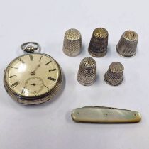 SILVER OPENFACE POCKETWATCH, SILVER & MOTHER OF PEARL APPLE KNIFE,