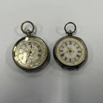 FOB WATCH WITH DECORATED ENAMEL DIAL & THE CASE MARKED 935 & FOB WATCH WITH SILVER & GOLD DECORATED