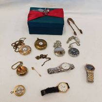 JEWELLERY BOX & CONTENTS TO INCLUDE HALF HUNTER POCKETWATCH, VARIOUS WRISTWATCHES,