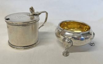 GEORGE III SILVER CIRCULAR SALT WITH GILT INTERIOR & 3 BACCHUS MASK SUPPORTS BY LISTER & SONS,