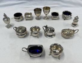 VARIOUS SILVER EGG CUPS, CRUETS,