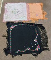 3 SCARVES, EACH DECORATED WITH FLORAL PATTERNS, ETC, ALL WITH TASSELED EDGES,