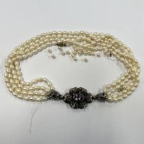 5-STRAND CULTURED PEARL NECKLACE WITH A 925 SILVER FLORAL CLASP - A/F