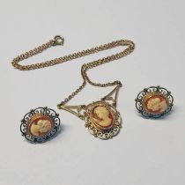 9CT GOLD CAMEO PENDANT NECKLACE & PAIR OF 9CT GOLD CAMEO EARRINGS - 12.