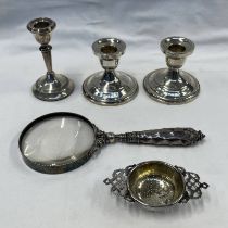 SILVER TEASTRAINER, SILVER CANDLESTICK,