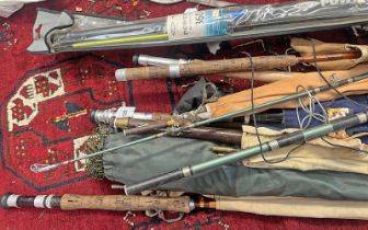 SELECTION OF FISHING RODS TO INCLUDE THE TAG 10 1/2" 3 PIECE ROD, TROSSACHS ROD,