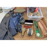 COPPER & BRASS SHOT FLASK, SHOOTING GLASSES, EAR DEFENDERS, GUN CLEANING KIT,