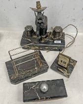 FRENCH ART DECO DESK SET COMPRISING OF INK WELLS ON HARDSTONE BASE WITH A BUCKING ELEPHANT AS LAMP