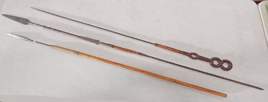 3 TRIBAL SPEARS WITH METAL TIPS,