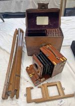 W WATSON & SONS MAHOGANY & BRASS PLATE CAMERA WITH ACCESSORIES IN ITS LEATHER CARRY CASE & TRIPOD