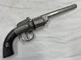 19TH CENTURY PEPPER BOX REVOLVER WITH 13CM LONG OCTAGONAL SHAPED RIFLED BARREL,