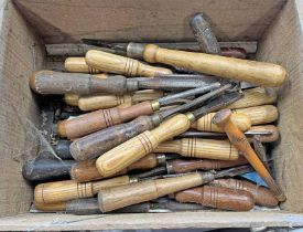 SELECTION OF WOOD WORKING CHISELS, ETC IN A WOODEN BOX, MAKERS INCLUDE SORBY,