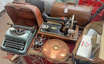 SINGER SEWING MACHINE, COPPER BED WARMING PAN, TYPEWRITER, FISHING ROD WITH SPINNING REEL,