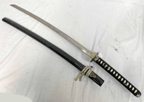 JAPANESE STYLE SWORD WITH 66.5 CM LONG BLADE WITH POSSIBLE MAKERS MARK, TSUBA AND SCABBARD.