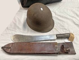 US ARMY HELMET WITH LINER AND A WW2 1940 DATED LEGITIMUS COLLINS & CO NO 1250 IN A LEATHER SCABBARD