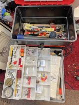 TWO PLASTIC FISHING BOXES WITH VARIOUS CONTENTS TO INCLUDE FLY TYING EQUIPMENT, FLOATS ETC.