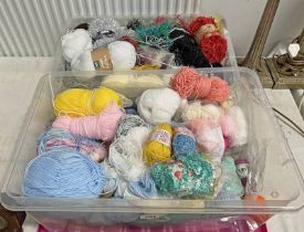 TWO PLASTIC BOXES CONTAINING VARIOUS KNITTING YARN TINSEL YARN ETC.