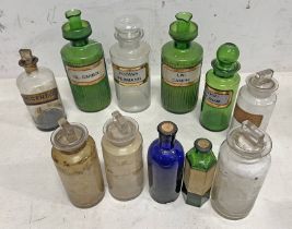 11 CHEMIST BOTTLES TO INCLUDE GREEN GLASS, LABELLED EXAMPLES,