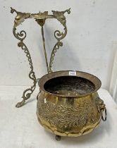 SCOTTISH POT EMBOSSED WITH THISTLES ON LION PAW FEET & A CAST BRASS STAND -2-