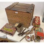 SAXO SALT WOODEN CRATE WITH CONTENTS OF LEATHER WORKING TOOLS, NAILS, RIVETS,