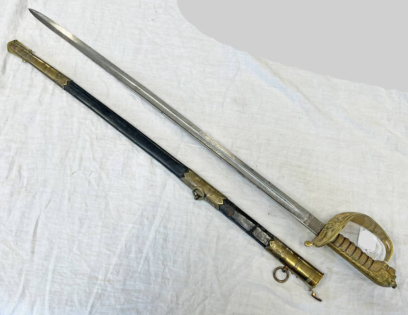 ROYAL NAVAL OFFICERS SWORD WITH 80CM LONG FULLERED BLADE BY WILKINSON, SERIAL NO.