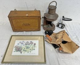 COPPER SHIPS LIGHT (AF), MAGNIFYING GLASS ON STAND WITH CLAMP, PARAGON WOODEN FIRST AID BOX ETC.