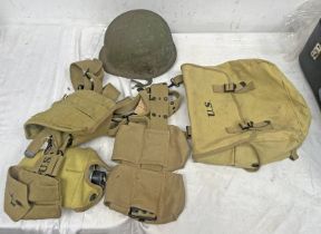 REPRODUCTION AMERICAN WW2 WEBBING TO INCLUDE A CANTEEN ETC ALONG WITH A US HELMET (NO LINER)