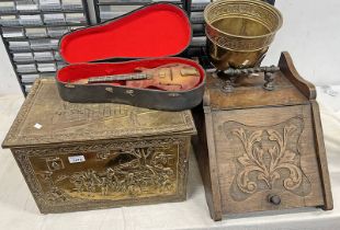 OAK COAL BOX, EMBOSSED BRASS COAL / LOG BOX, MINIATURE GUITAR IN CASE,