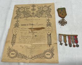 FRENCH WW1 CROIX DE GUERRE WITH AWARD DOCUMENT & MOUNTED FRENCH MINIATURE MEDALS