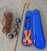 THE STENTOR STUDENT I VIOLIN WITH CASE ALONG WITH A STICK AND BOWLS