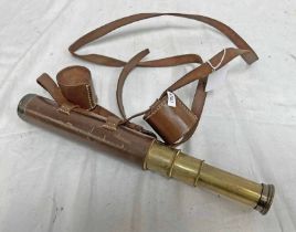 J LIZARS THREE DRAW BRASS AND LEATHER TELESCOPE WITH LEATHER CAPS AND LEATHER STRAP - CLEAR IMAGE