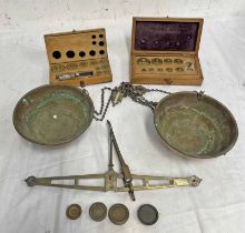 WHITE & SONS BEAM SCALES WITH HANGING GILT METAL PANS AND TWO WOODEN CASED SCALES SETS IN ONE BOX