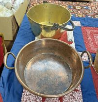 THICK GAUGE BRASS COOKING PAN WITH WROUGHT IRON HANDLE AND COPPER RIVETS AND A COPPER PAN WITH TWO
