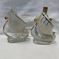 LARSEN FINE CHAMPAGNE COGNAC IN LIMOGES PORCELAIN SHIP DECANTER & EMPTY MATCHING GLASS DECANTER