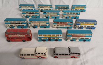 SELECTION OF VARIOUS PLAYWORN DINKY & MATCHBOX TOY MODEL BUSES INCLUDING OBSERVATION COACHES,