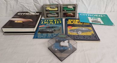 FIVE CITROEN DS MODEL CARS FROM VITESSE TOGETHER WITH VARIOUS RELATED BOOKS,