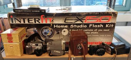 VARIOUS CAMERAS AND ACCESSORIES INCLUDING INTERFIT EX150 HOME STUDIO FLASH KIT TOGETHER WITH