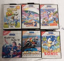 SIX SEGA MASTER SYSTEM GAMES INCLUDING SONIC THE HEDGEHOG, GP RIDER,