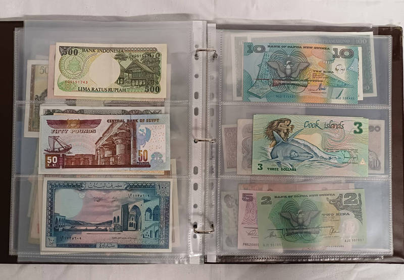 ALBUM OF VARIOUS WORLD BANKNOTES TO INCLUDE BAHAMAS, MALAYSIA, SINGAPORE, THAILAND, PHILIPPINES,