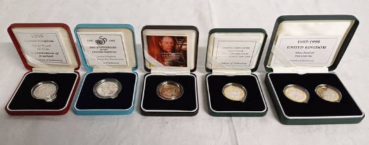 VARIOUS UK SILVER PROOF £2 COINS TO INCLUDE 1995 50TH ANNIVERSARY OF THE UNITED NATIONS,