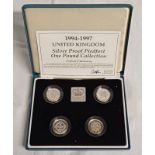 1994-1997 UK SILVER PROOF PIEDFORT ONE POUND COLLECTION, IN CASE OF ISSUE WITH C.O.A.