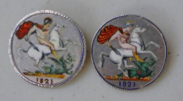 TWO 1821 GEORGE IV CROWNS WITH ENAMELLED REVERSES & PIN BACK FITTINGS