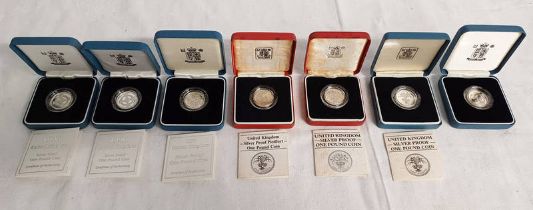 SELECTION OF 7 UK SILVER PROOF £1 COINS TO INCLUDE 1984 & 1985 PIEDFORT, 1985, 2 X 1996,