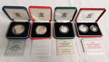 SELECTION OF UK SILVER PROOF COINS TO INCLUDE 1990 QUEEN MOTHER'S 90TH BIRTHDAY SILVER PROOF CROWN,