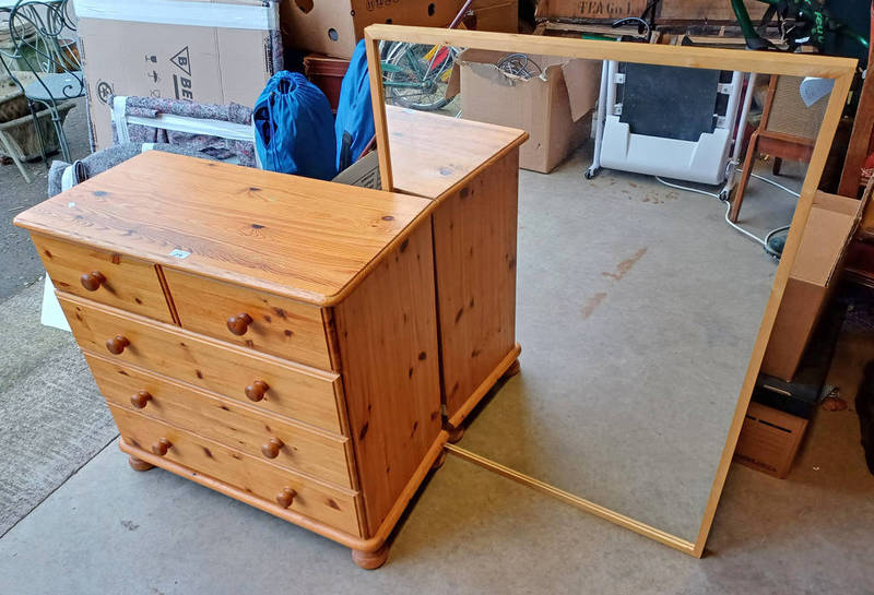 PINE CHEST OF 4 DRAWERS & MIRROR.