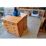 PINE CHEST OF 4 DRAWERS & MIRROR.